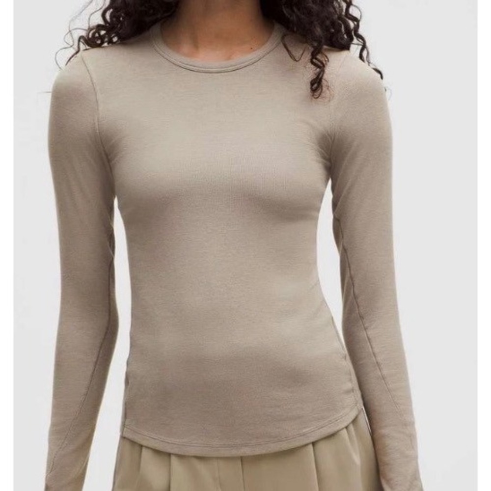Lululemon Hold Tight Long Sleeve Shirt Size 8 Taupe Ribbed Modal Top
